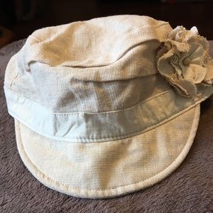 Khaki w gold threads and flower accent newsboy hat